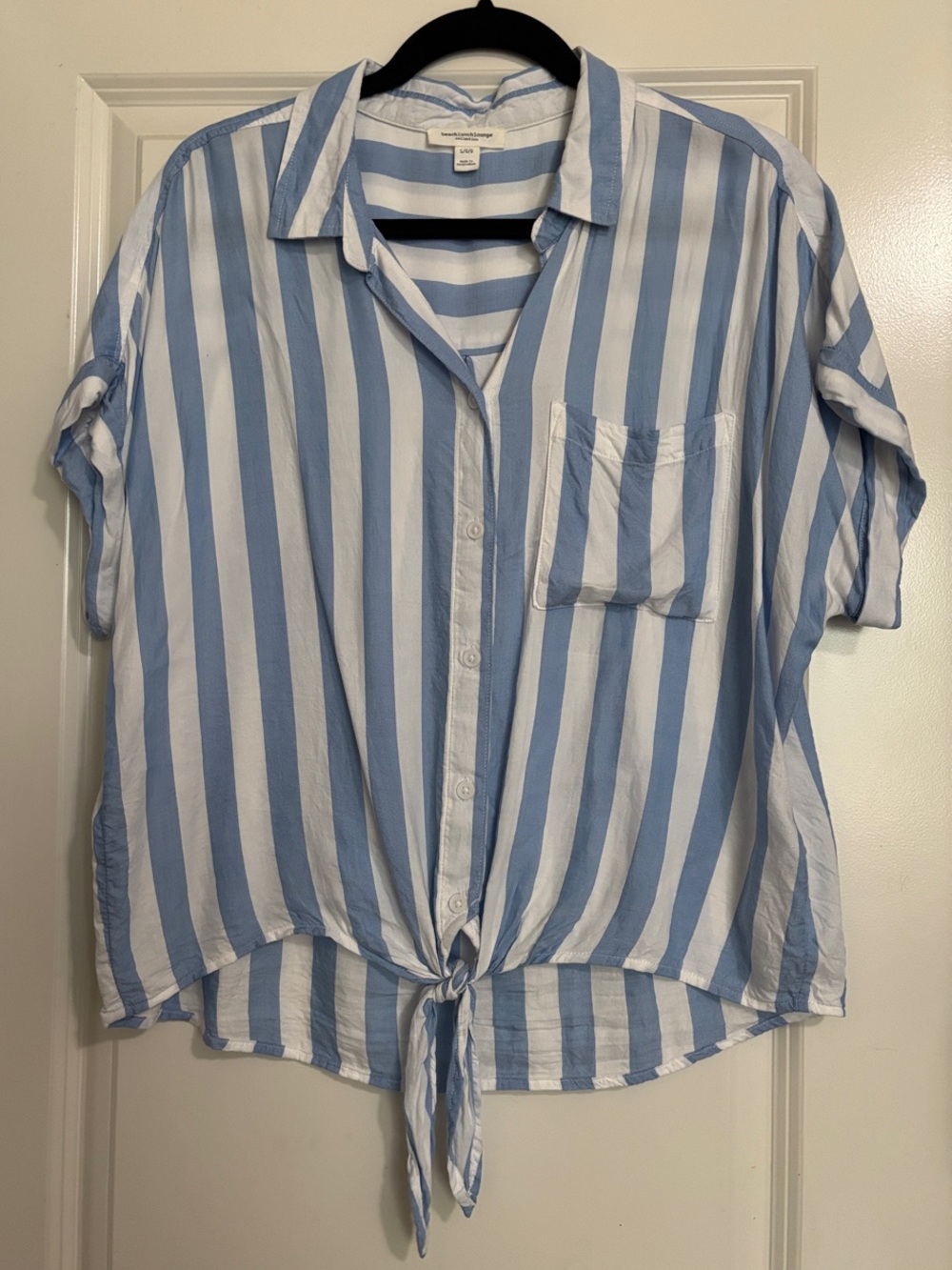 Blue and White Vertical Stripe Tie-Front Button Down Shirt